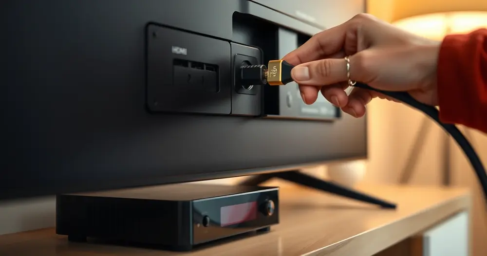 mãos conectando cabo HDMI na parte traseira da televisão