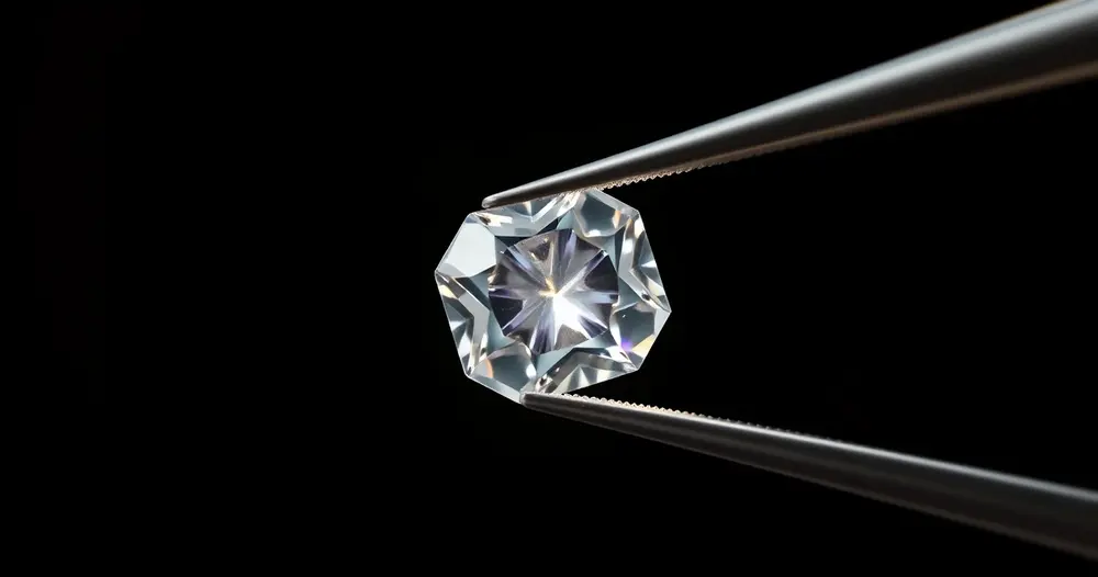 Pedra preciosa lapidada segura por pinça fina contra fundo escuro com feixe de luz